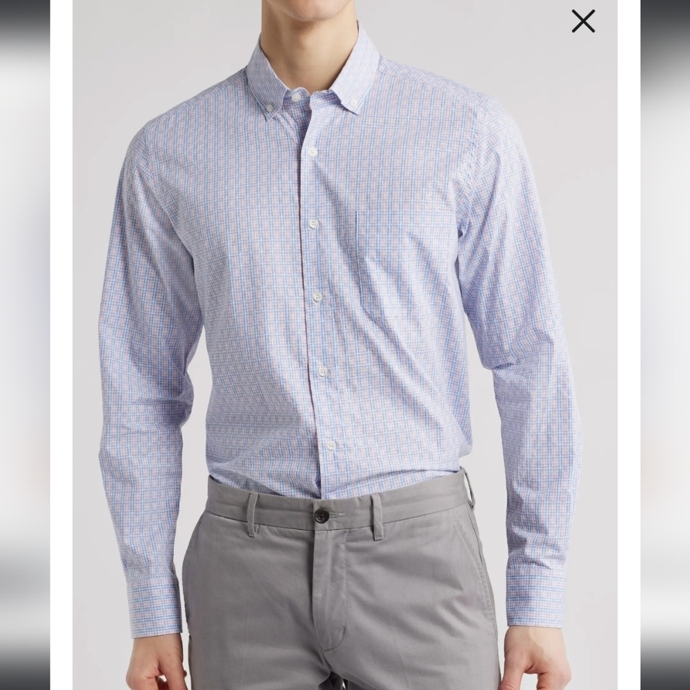 Scott Barber Linen Blue Checkered Men's Oxford Shirt Button Down L Woven